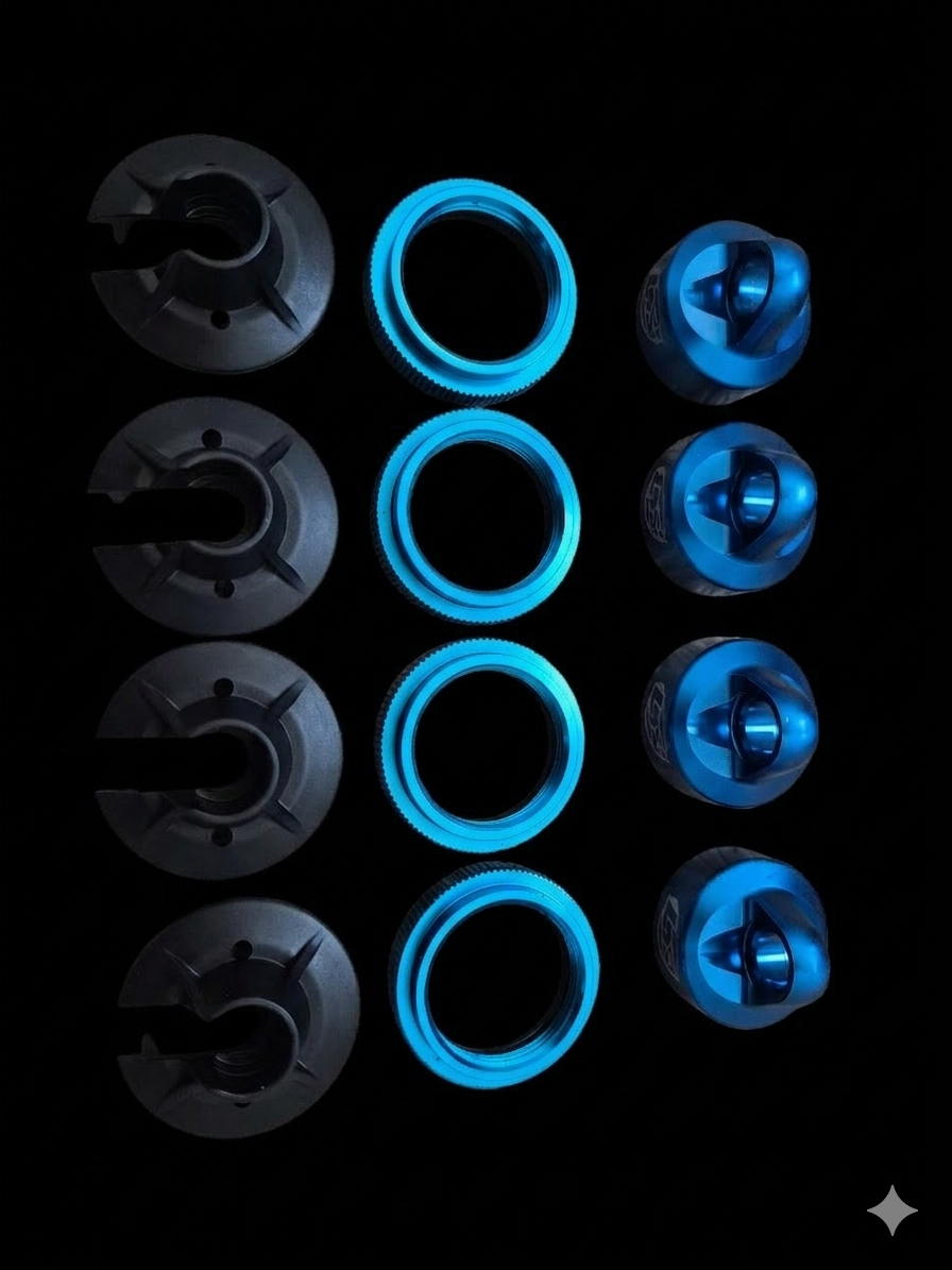 LOSB2858 LOSI 5IVE SHOCK CAPS BLUE WITH COLLARS AND PURTCHES (4)